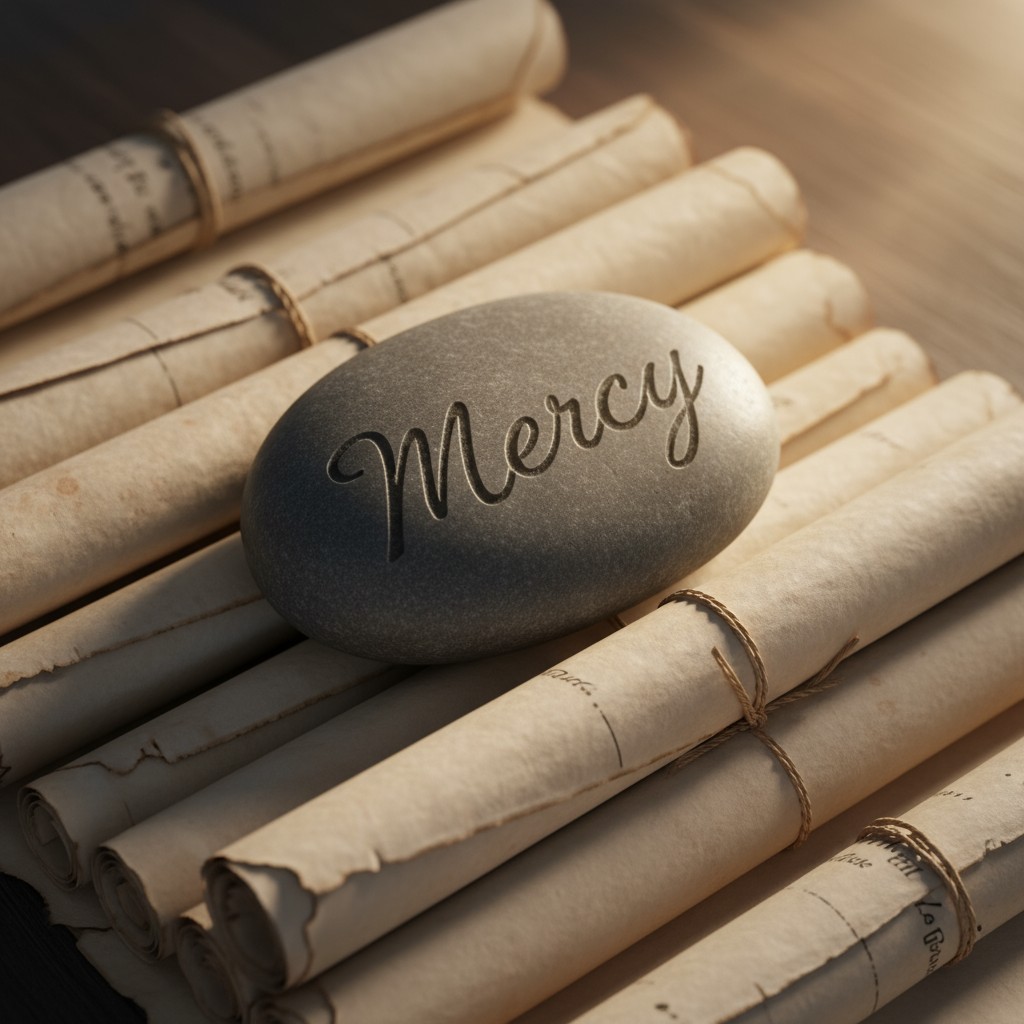 Oval stone with the word 'Mercy' engraved on it, placed on rolling scrolls.