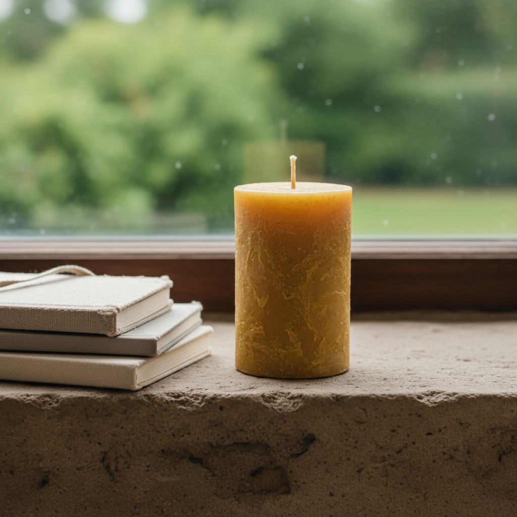 A lit candle sits atop a rough stone window ledge with a view of greenery out the window. Next to the candle lies a stack ...