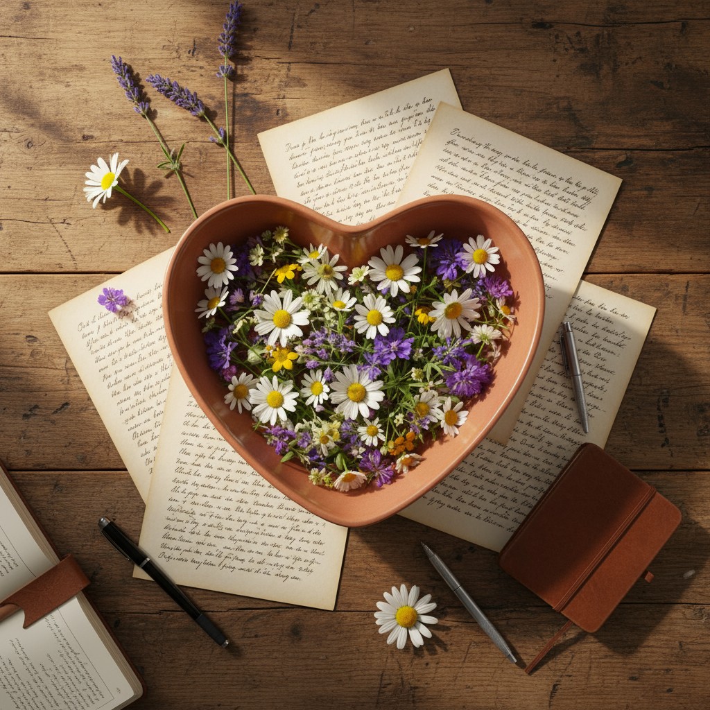a heart-shaped bowl filled with wildflowers, placed on top of handwritten letters and surrounded by a wooden background wi...